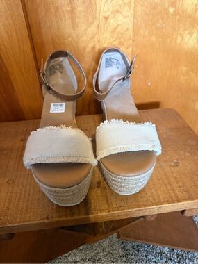 Brash Cream Canvas Frayed Espadrille Wedges with Tan Ankle Strap